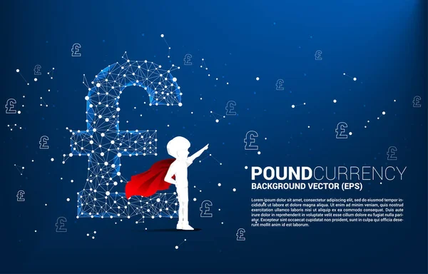 Silhouette Kid Superhero Suit Money Pound Sterling Currency Icon Polygon — Vetor de Stock