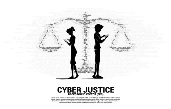 Silhouette Man Woman Use Mobile Phone Standing Justice Scale One — стоковый вектор