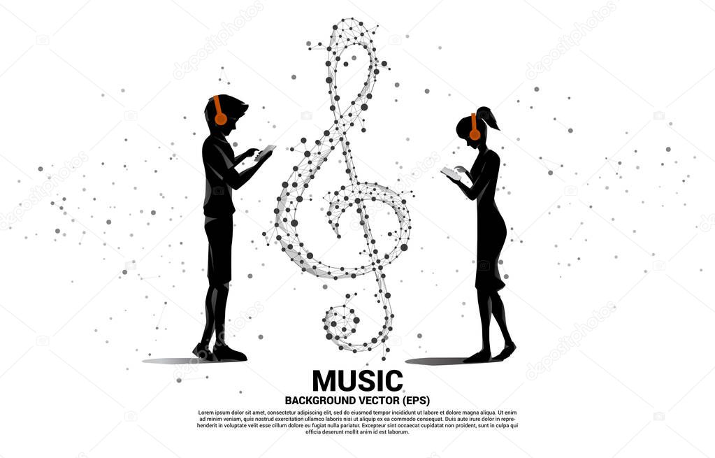 Silhouette of man and woman use mobile phone standing with sol music key note from dot connect line. Concept background for song and concert theme.