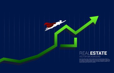 Vector Silhouette of businessman flying with green home icon with Growing graph. Concept of success investment and growth in real estate business