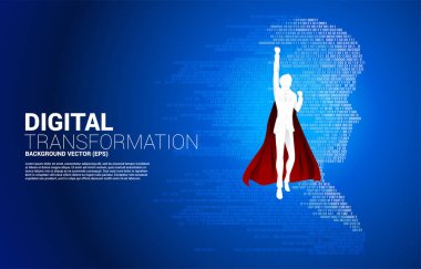 silhouette of superhero flying with man head from pixel transformation . Concept background human future and metaverse.