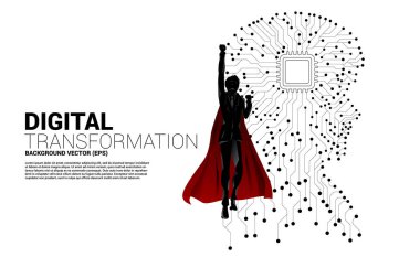 silhouette of superhero flying with man head from dot connect line circuit board style with processor . Concept background human future and technology
