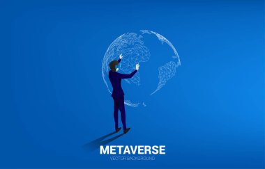 Siluet işadamı 3 boyutlu dünya haritalı VR gözlük takıyor. Dijital sanal gerçeklik teknolojisi ve AR kavramı .