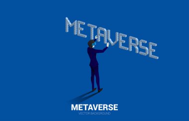 Siluet işadamı 3 boyutlu meteor yazısıyla VR gözlük takıyor. Dijital sanal gerçeklik teknolojisi ve AR kavramı .
