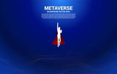 Digital Contour eğrisinden uçan iş adamının vektör silueti nokta çizgi ve telle el sallıyor. Metaevren ve VR teknolojisi kavramı .