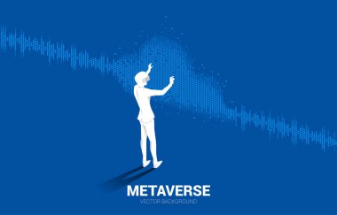 Silüet işadamı, Bulut müziği ve ses teknolojisi konseptiyle VR gözlük takıyor. Dijital sanal gerçeklik teknolojisi ve AR kavramı .