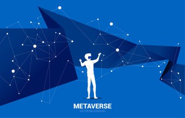 Siluet işadamı metaevrende sanal gerçeklik gözlüğü takıyor. Dijital sanal gerçeklik teknolojisi ve AR kavramı .