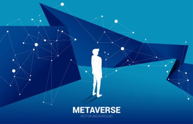 Meta evrendeki siluet işadamı. Dijital sanal gerçeklik teknolojisi ve AR kavramı