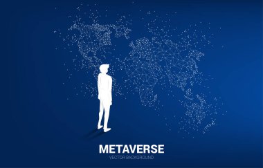 Üç boyutlu dünya haritası olan siluet işadamı. Dijital sanal gerçeklik teknolojisi ve AR kavramı .
