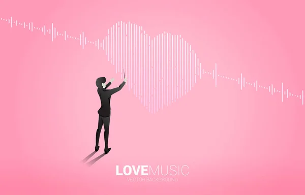 Vektor Silhouette Des Dirigenten Mit Sound Wave Heart Icon Music — Stockvektor