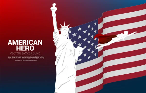自由の女神とアメリカの旗の背景を飛んでスーパーヒーローのビジネスマンのシルエット アメリカの英雄とスーパービジネスマンのための概念 — ストックベクタ