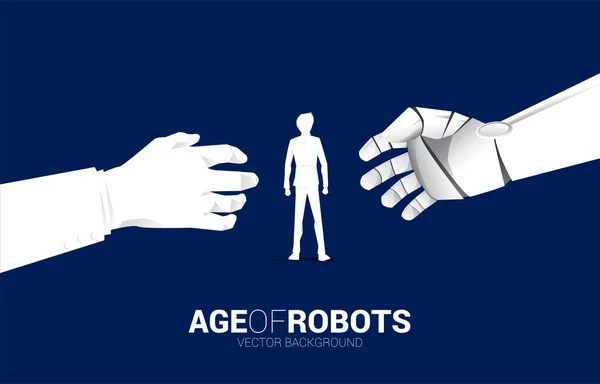 ビジネスマンやロボットの手は 人間の手で触れることに達する 人工知能の概念的な誕生 機械学習時代 — ストックベクタ