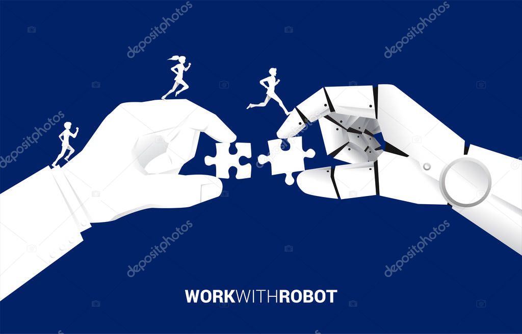 Businessman and businesswoman running on businessman and robot hand put jigsaw piece to fit together. business concept of solution and working with machine learning.