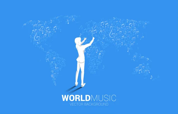 世界地図と指揮者のベクトルシルエット音楽メロディーノートダンスフローから 世界の歌とコンサートのテーマのコンセプト背景 — ストックベクタ