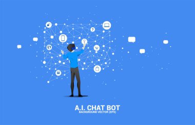 Siluet işadamı, nokta ve çizgi bağlantıları olan konuşma balonu ikonlu VR gözlükleri takıyor. Dijital sanal gerçeklik teknolojisi ve AR kavramı .