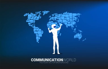 Siluet işadamı, dünya haritasında konuşma balonu şekilli VR gözlük takıyor. Metastaki iletişim ağı kavramı.