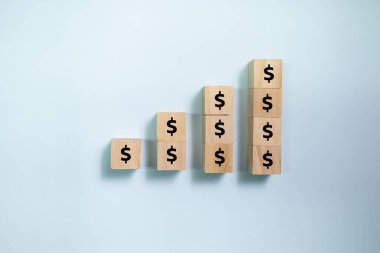 Tahta bloklar dolar parasıyla büyüme grafiğine ayarlandı. Para ve başarı işi kavramı.