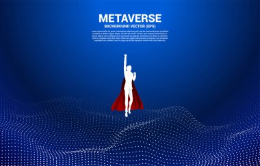 Digital Contour eğrisinden uçan iş adamının vektör silueti nokta çizgi ve telle el sallıyor. Metaevren ve VR teknolojisi kavramı .