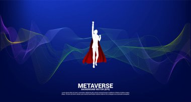 Digital Contour eğrisinden uçan iş adamının vektör silueti nokta çizgi ve telle el sallıyor. Metaevren ve VR teknolojisi kavramı .