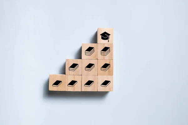 Top View Wooden Blocks Set Step Book Icon Graduate Icon — Stock fotografie