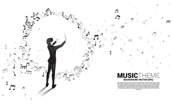 Silhouette Vectorielle Chef Orchestre Avec Note Mélodie Musicale Dansant Flux — Image vectorielle