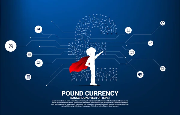 Silhouette Boy Superhero Suit Standing Pound Sterling Currency Money Icon — Stockvektor