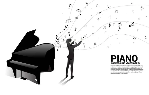 Vector Silhouette Conductor Grand Piano Music Melody Note Dancing Flow — Stock Vector