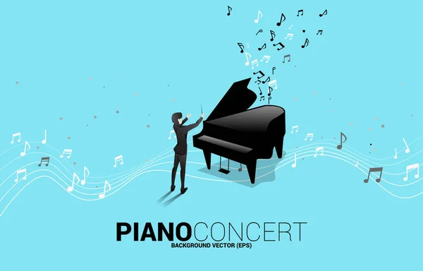 音楽メロディーノートダンスフローとグランドピアノ指揮者のベクトルシルエット 歌とコンサートのコンセプト背景 — ストックベクタ