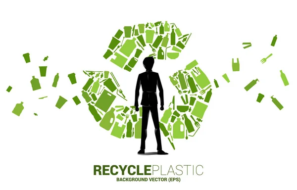 Silhouette Businessman Standing Recycle Icon Plastic Package Product Icon Background — Image vectorielle