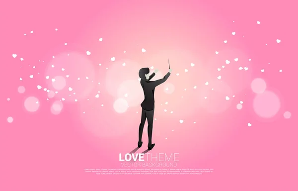 Vector Silhouette Conductor Standing Heart Flying Concept Background Love Song — Stock Vector