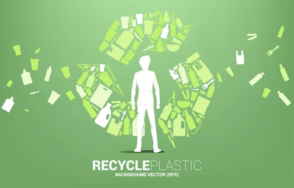Silhouette Businessman Standing Recycle Icon Plastic Package Product Icon Background — Image vectorielle