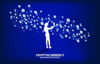 Silhouette man wear VR glasses with bitcoin icon from Polygon dot connect line. Concept for cryptocurrency technology and financial network connection.
