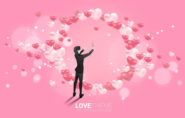 Vector Silhouette Conductor Standing Heart Balloon Flying Concept Background Love — Stock Vector
