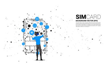 Siluetteki adam VR gözlük takıyor ve Sim kart simgesi şeklinde nokta bağlantısı çiziyor. Mobil sim kart teknolojisi ve ağı için kavram.