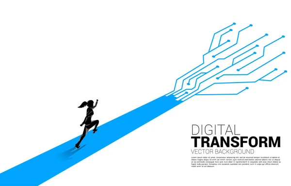 Kadınının Silueti Nokta Bağlantı Hattı Devresiyle Yolda Koşuyor Dünyasının Dijital — Stok Vektör