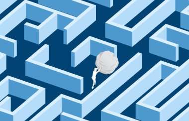 Kayayı labirente iten iş adamının silueti. İş mücadelesi kavramı ve sıkı çalışma.