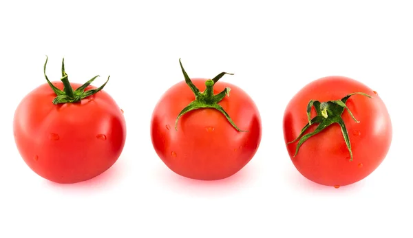 Trzy świeże pomidory, pokryte krople wody na białym tle — Zdjęcie stockowe