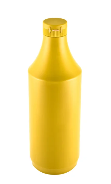 Beyaz arka plan üzerinde platic şişe hardal sosu — Stok fotoğraf