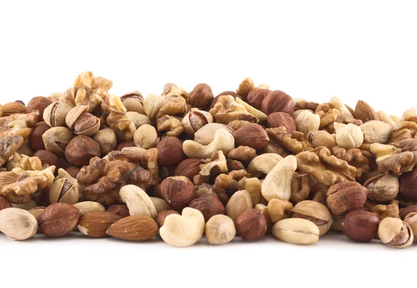 Amandel, pistache, pinda, walnoot, hazelnoot gemengd stapel — Stockfoto