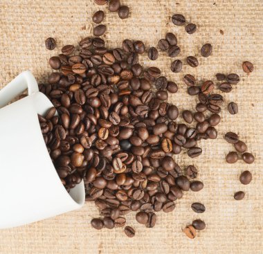 fincan kahve çekirdekleri kendir bezi üzerine dolu