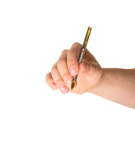 Hand met een pen geïsoleerd Stockafbeelding