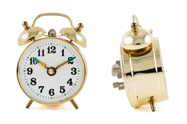 Golden mechanical alarm clock isolated — Stock Photo, Image