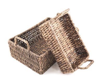 Two brown wicker baskets isolated clipart