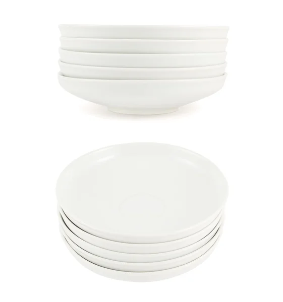 Stack pile of white ceramic plate dishes — Stock Photo, Image