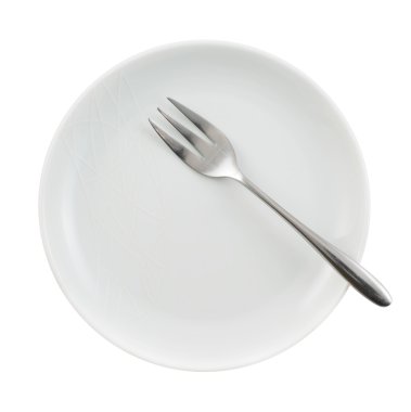 metal çatal izole bir seramik tabak