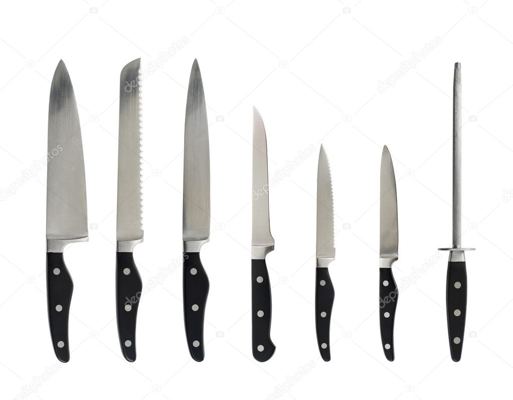 Steel kitchen knife set isolated