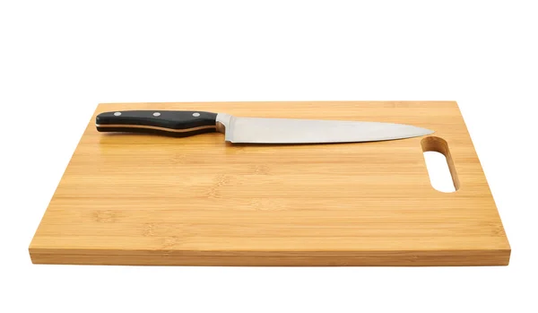 Steel kitchen knife on cutting board — Stock Photo, Image