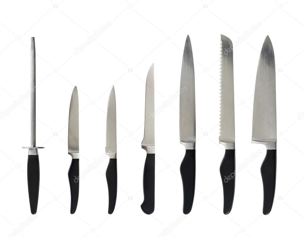 Steel kitchen knife set isolated