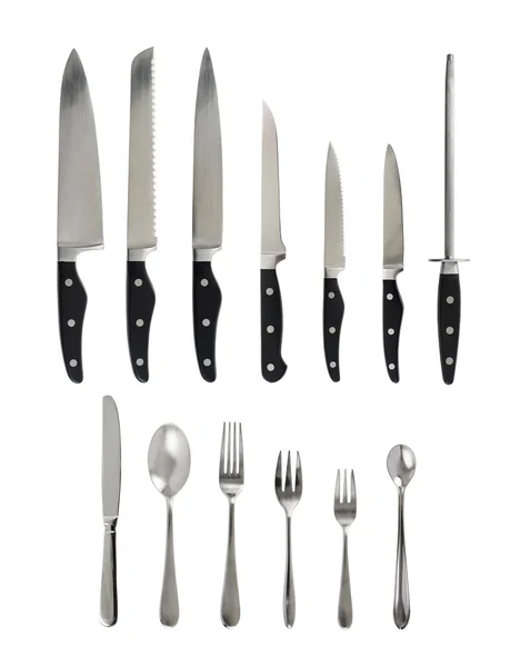 Steel kitchen knife and cutlery set — Stock Photo, Image