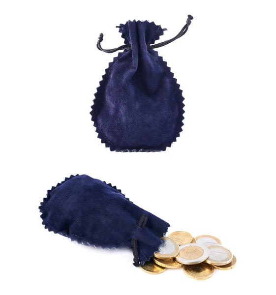 Blue suede pouch full of coins — Stock Photo, Image